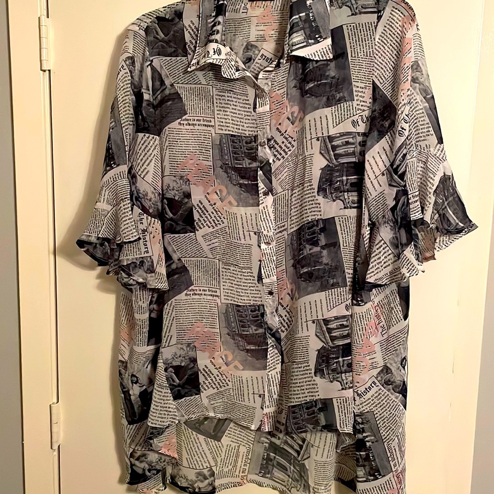 Unique designer button down ruffle sleeve blouse